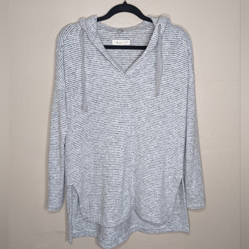 Lou & Grey for Loft Split Neck V-Neck Hoodie Soft Gray and White Stripes Size Sm